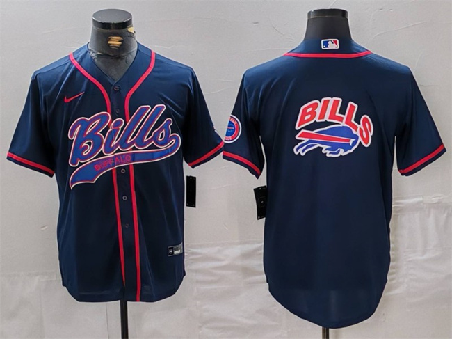 Men's Buffalo Bills Navy Team Big Logo With Patch Cool Base Stitched Baseball Jersey